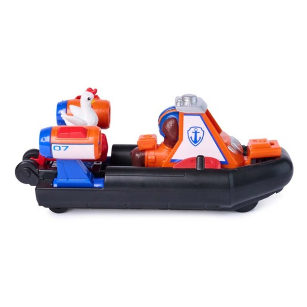 Chickaletta chicken figure riding with Zuma in the Rescue Hovercraft, ready to be rescued in pretend play