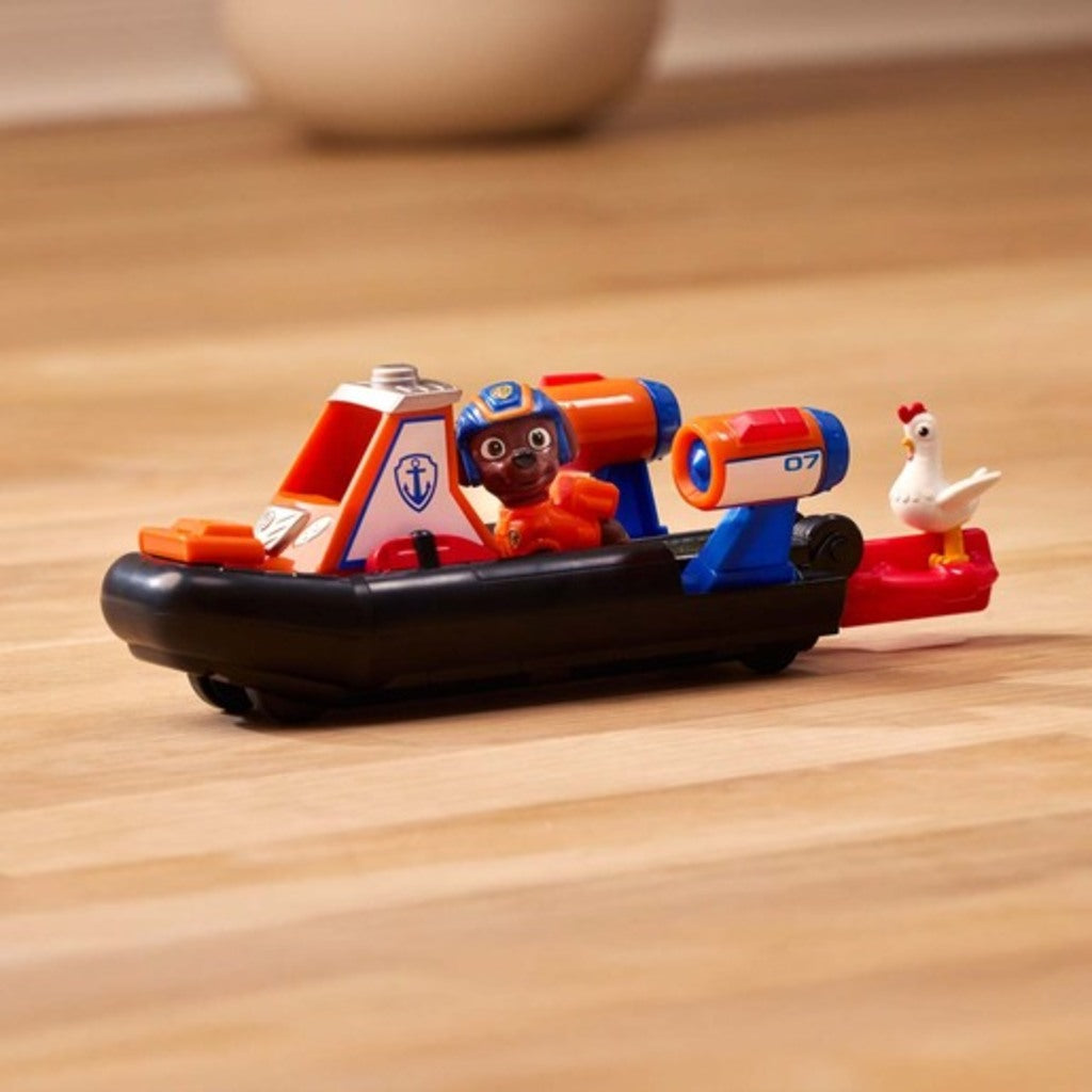 Front view of the PAW Patrol Zuma Rescue Hovercraft pullback toy in orange Search and Rescue livery