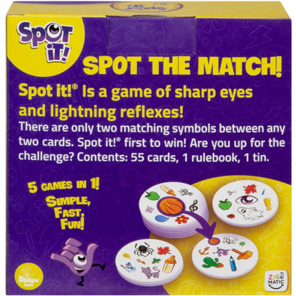 Family playing Spot It Classic Card Game observation and speed game back of box