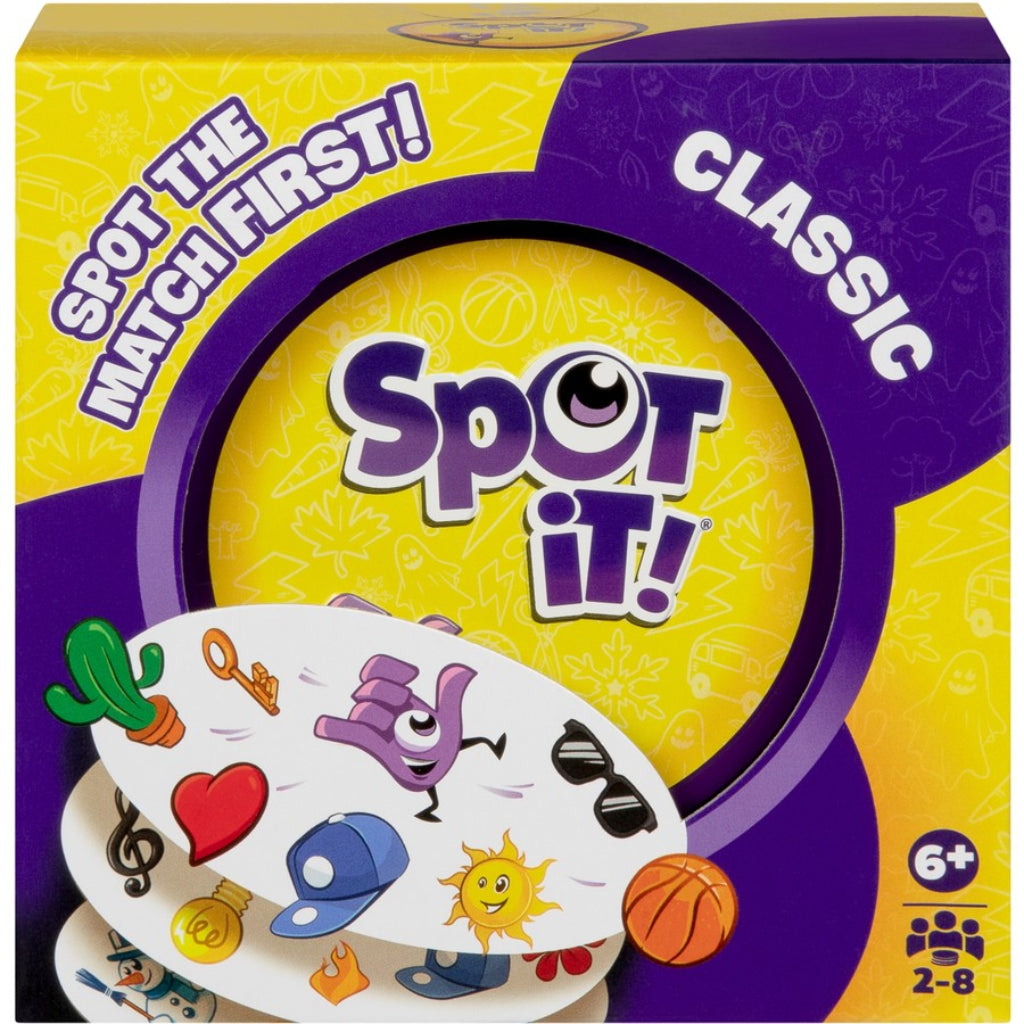 Family playing Spot It Classic Card Game observation and speed game packaging