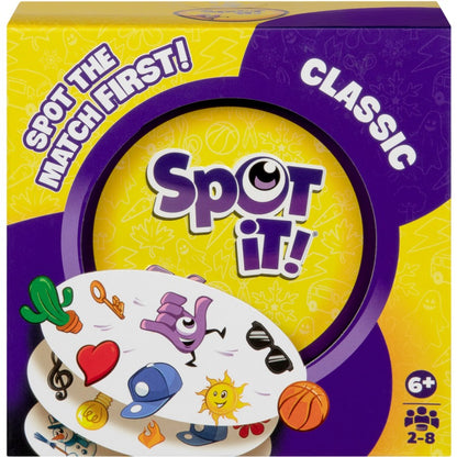 Family playing Spot It Classic Card Game observation and speed game packaging