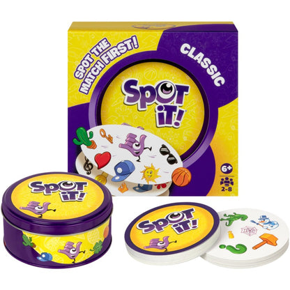 Spot It Classic Card Game by Moose Games with matching symbol cards and storage tin