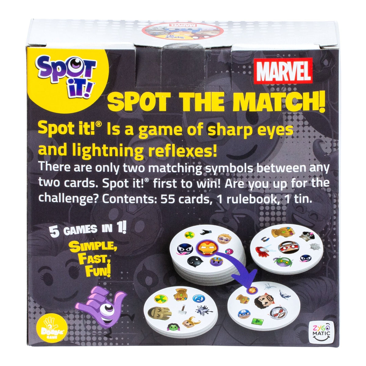 Spot It Marvel Card Game back of box