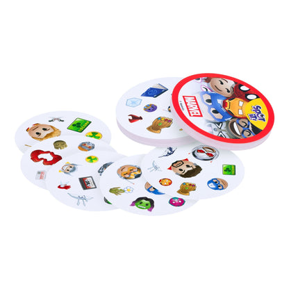 Family playing Spot It Marvel Card Game fast matching superhero game