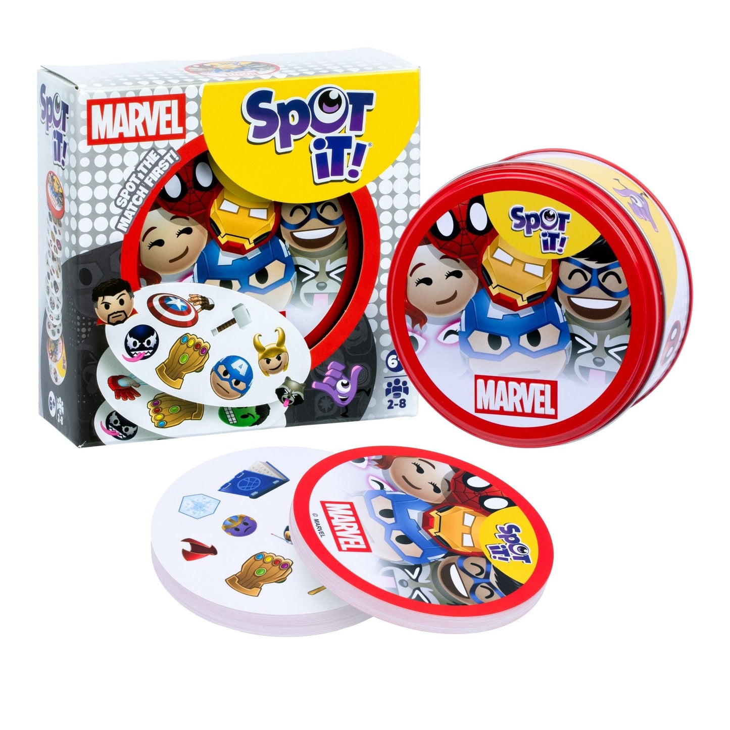 Spot It Marvel Card Game superhero matching game with Marvel character cards and storage tin