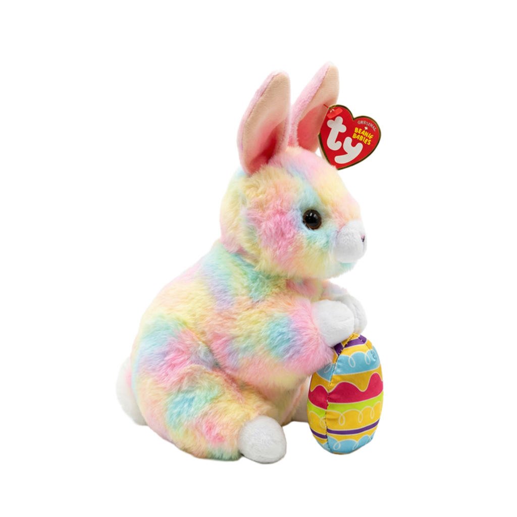 Sprout the Rabbit Ty plush shown with the red Ty Heart swing tag attached, on a plain white background