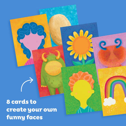 Sticker sheets showing the eyes, mouths, hair and accessories ready to peel and place