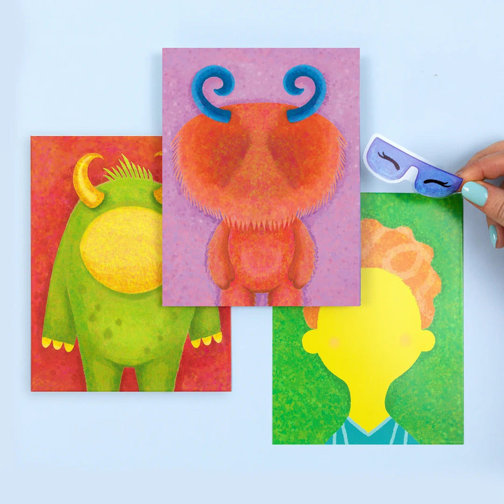 Several finished character faces lined up to show the range of possible combinations