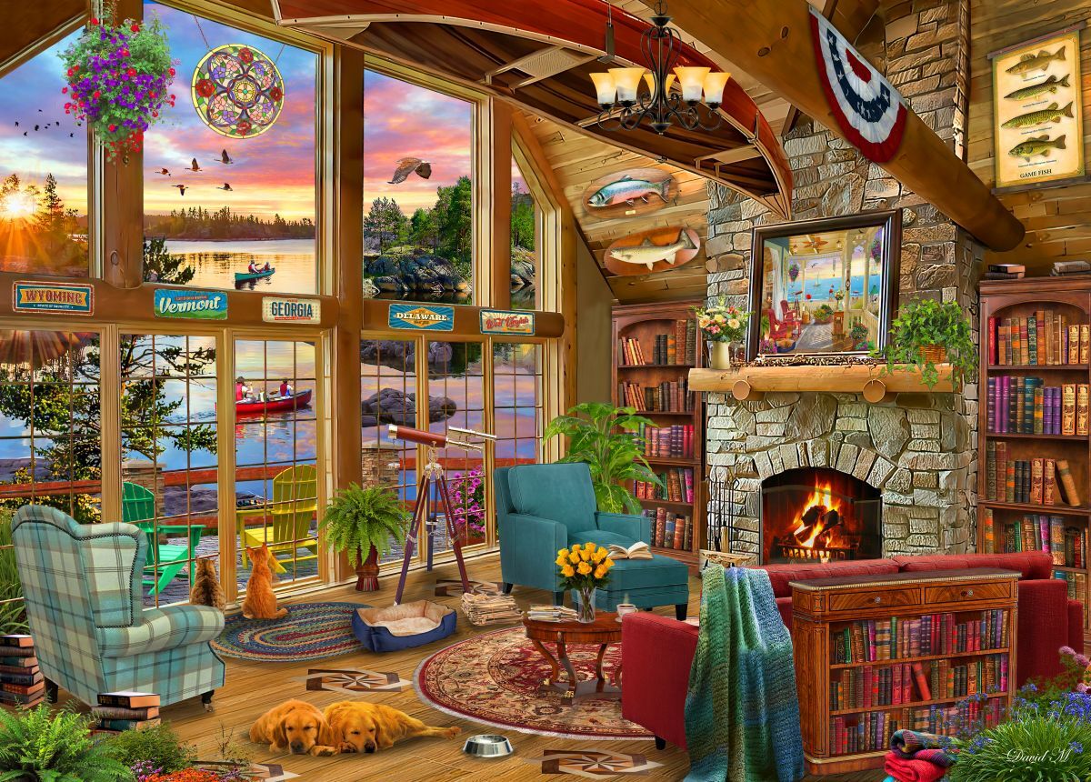 Cozy living room with large windows, fireplace, and bookshelves.