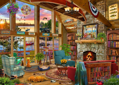 Cozy living room with large windows, fireplace, and bookshelves.