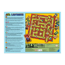 Super Mario Labyrinth board game package showing the game board, player cards, and rule text on a light blue background.