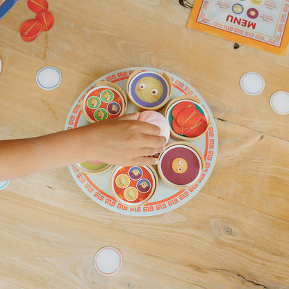 Sushi Go Spin Some for Dim Sum board game components including Dim Sum cards spinning tray and tokens