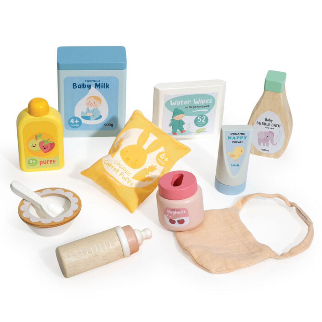 Tender Leaf Baby Care Set with all wooden pieces arranged on a white background
