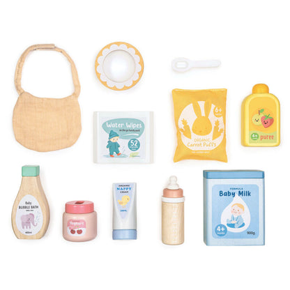 Close-up of the wooden milk powder, bubble bath and nappy cream with painted labels