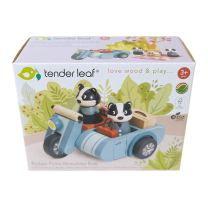 Tender Leaf Badger Picnic Motorbike Ride wooden set with all thirteen pieces arranged
