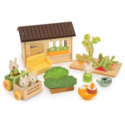 Tender Leaf Bunny's Carrot Patch wooden garden set with the shed and all pieces arranged