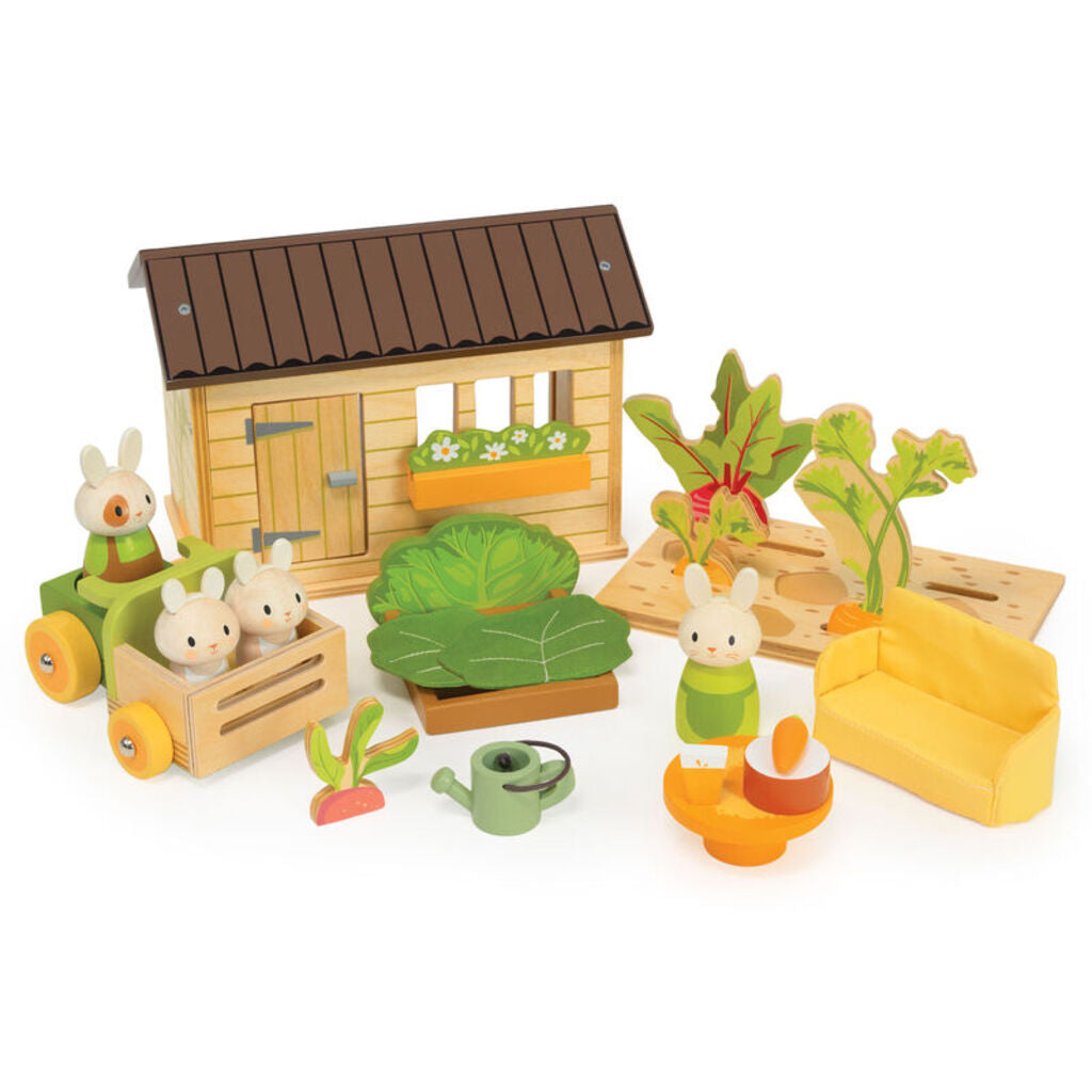 The garden shed opened with the roof and back wall removed, showing the vegetable patch