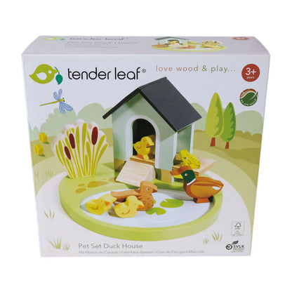 Tender Leaf Pet Set Duck House wooden playset with all pieces arranged around the pond