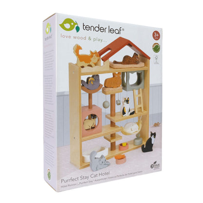 Tender Leaf Purrfect Stay Cat Hotel wooden playset shown front-on with all nine cats
