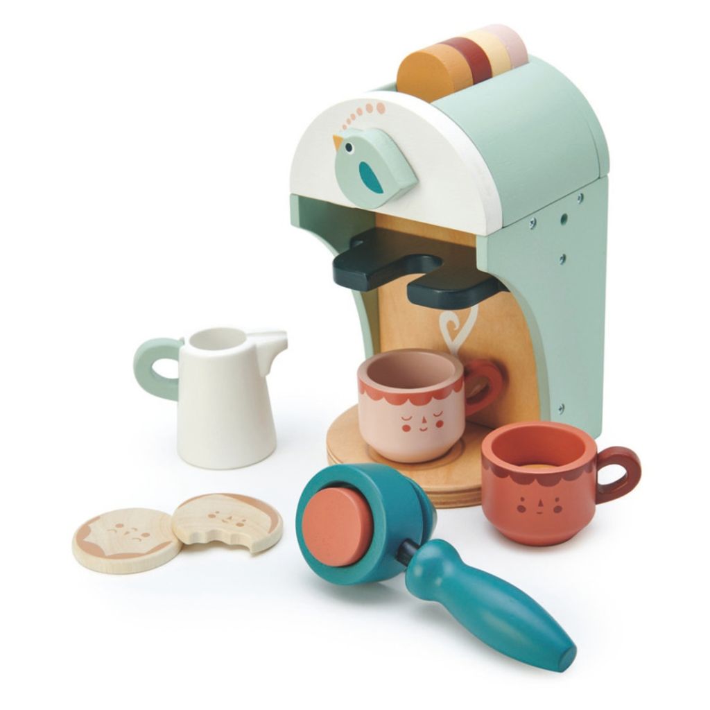 Tender Leaf Toys Babyccino Maker in its gift box, a rubberwood play kitchen set for ages 3+