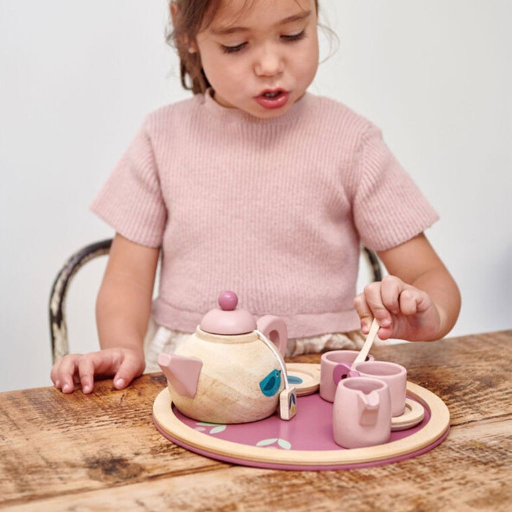 Tender Leaf Toys Birdie Tea Set in its gift box, a rubberwood play kitchen set for ages 3 and up
