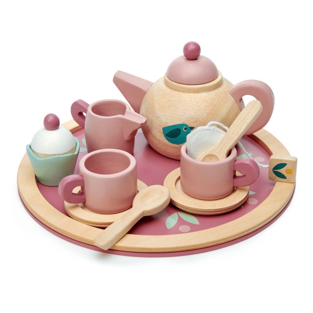 Tender Leaf Toys Birdie wooden tea set with illustrated teapot, cups and saucers for tea party role play