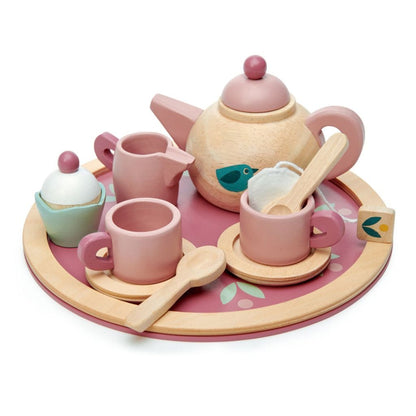 Tender Leaf Toys Birdie wooden tea set with illustrated teapot, cups and saucers for tea party role play