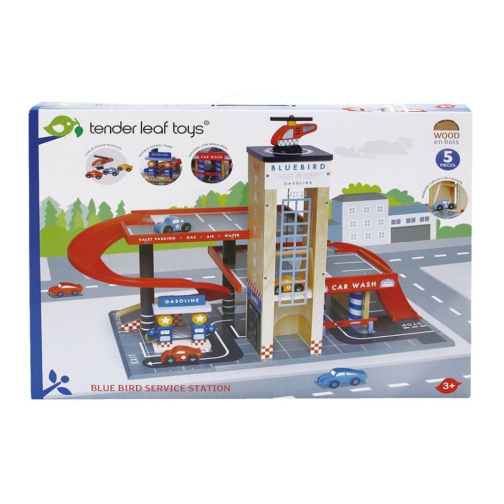 Tender Leaf Toys Blue Bird wooden service station garage playset with illustrated pumps and ramps