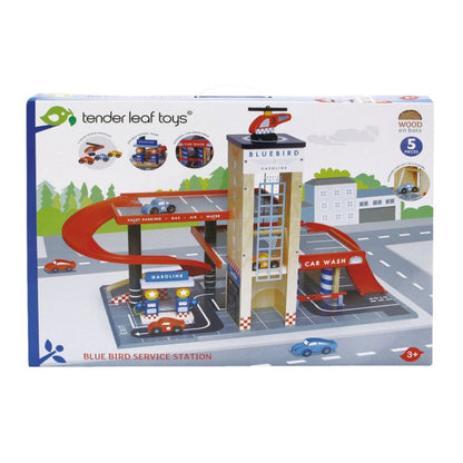 Tender Leaf Toys Blue Bird wooden service station garage playset with illustrated pumps and ramps