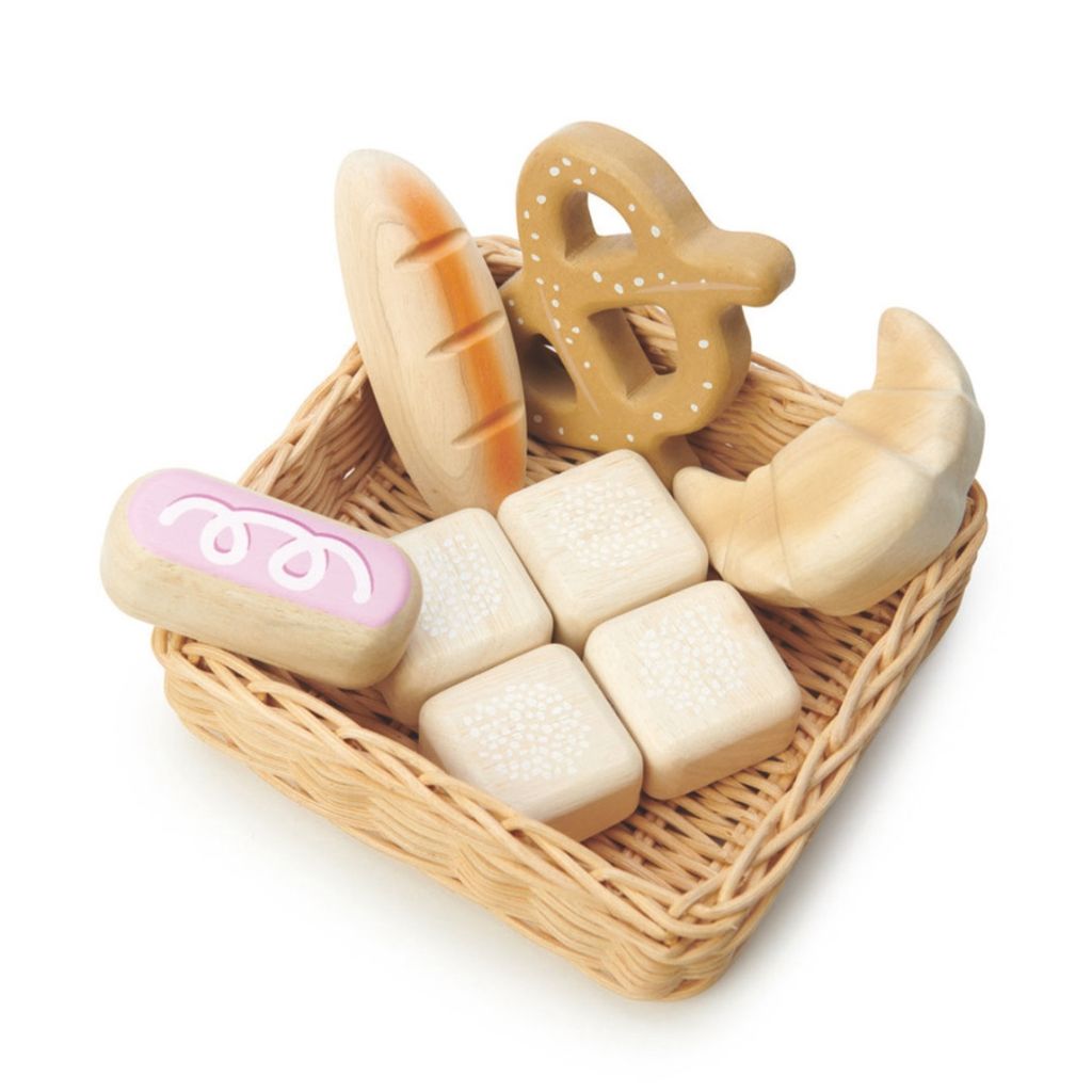 Tender Leaf Toys wooden bread basket with illustrated loaves and rolls for bakery and picnic pretend play