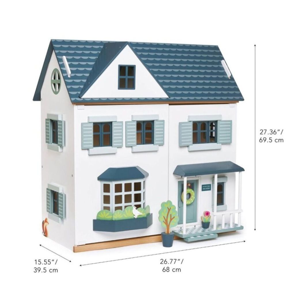 Front facade of the Tender Leaf Dovetail doll house showing working windows, shutters and window boxes