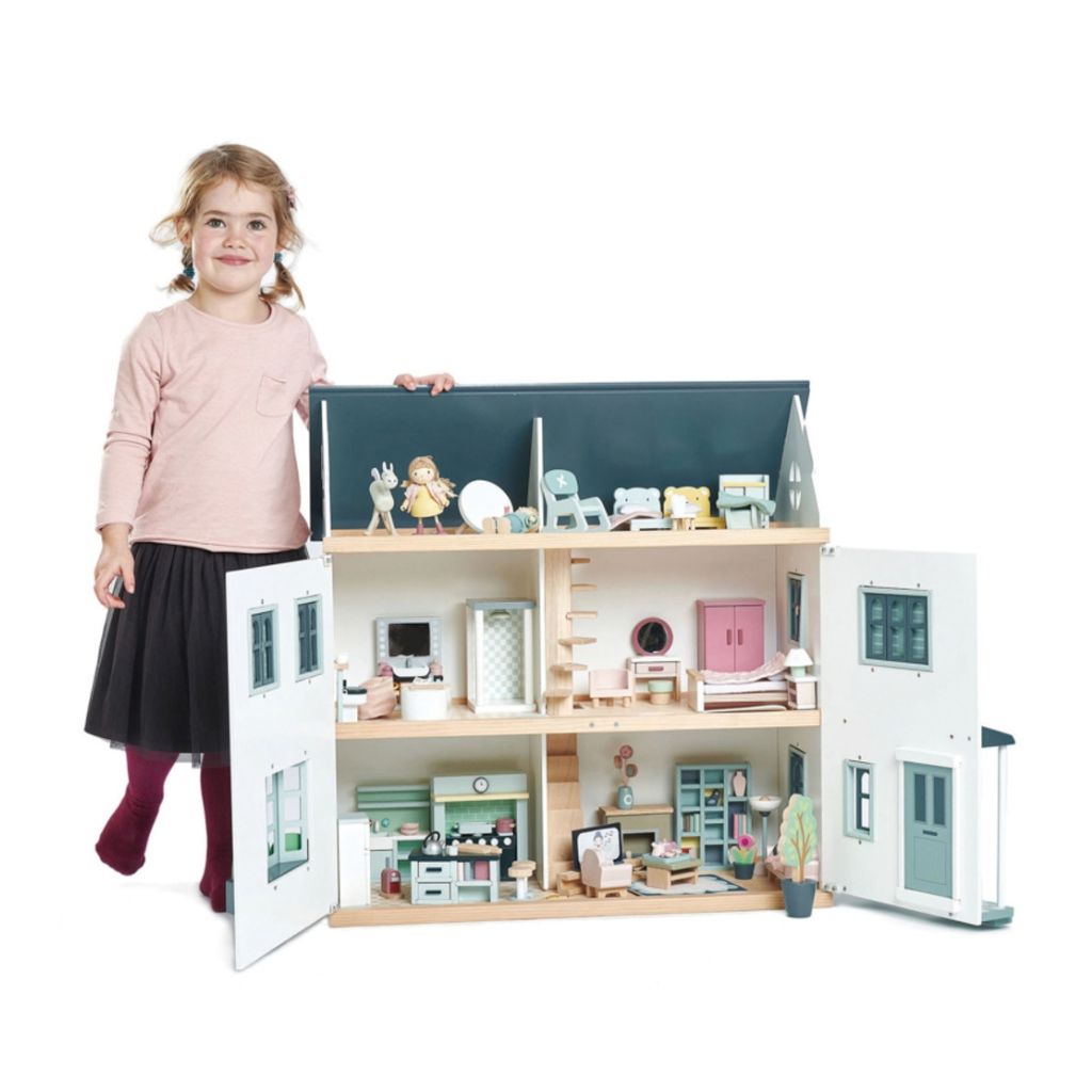 Open back of the Tender Leaf Toys Dovetail dolls house revealing six rooms with printed plywood floors