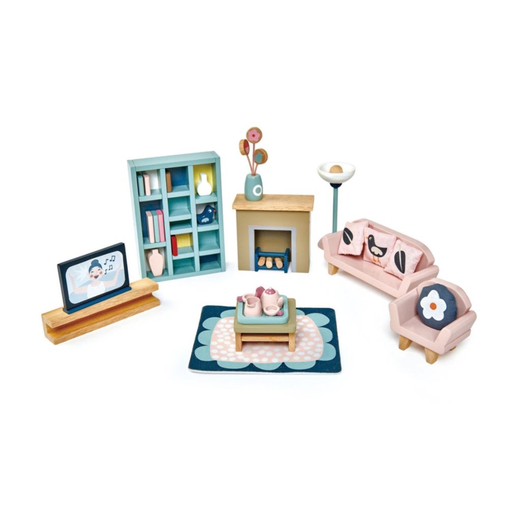 Wooden sofa and armchair from the Tender Leaf Toys Dovetail Sitting Room set with illustrated cushions