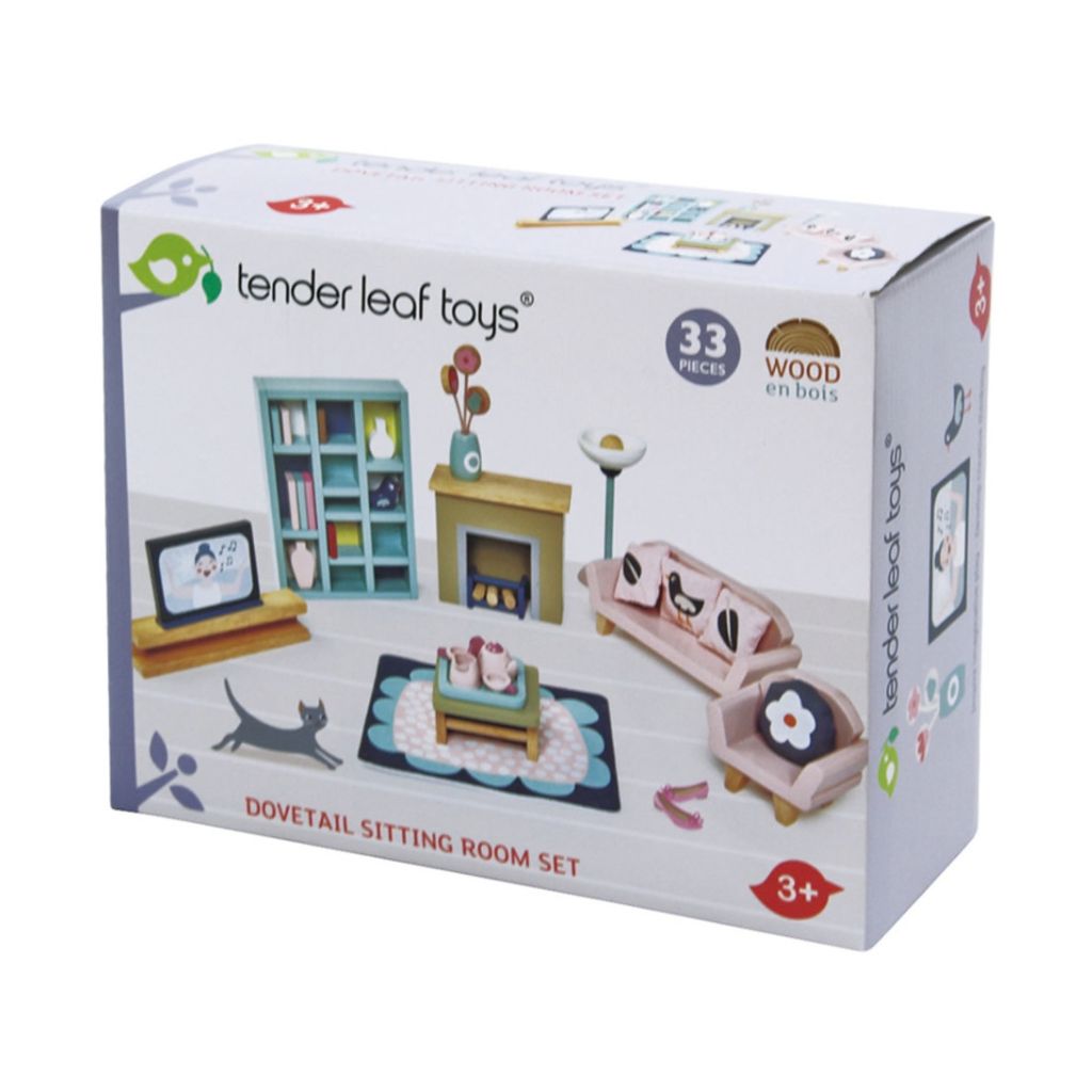 Tender Leaf Toys Dovetail Sitting Room wooden doll house furniture set with sofa, armchair and accessories