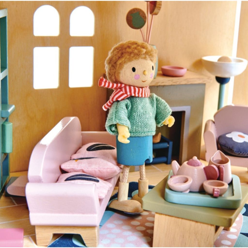 Tender Leaf Dovetail Sitting Room furniture arranged inside the Dovetail wooden doll house