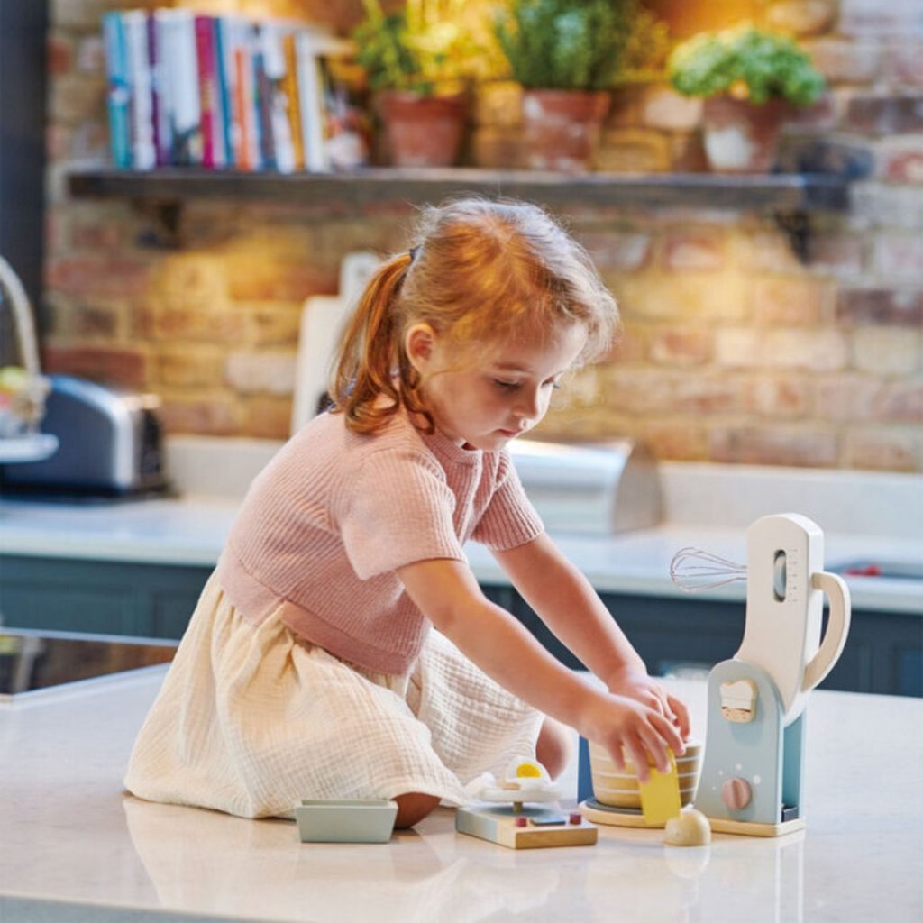 Wooden mixing bowl, rolling pin and baking accessories from the Tender Leaf Toys Home Baking set