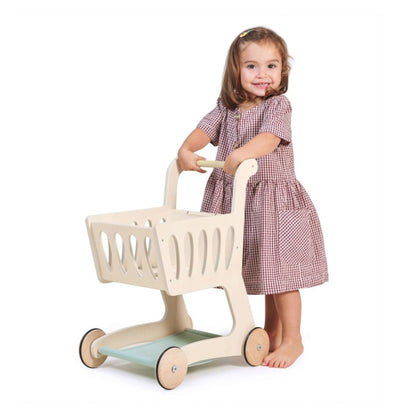 Chalkboard panel on the Tender Leaf Toys wooden shopping cart for writing shopping lists