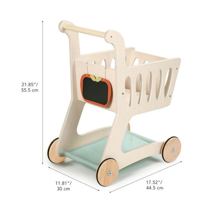 Child pushing the Tender Leaf Toys wooden shopping cart during supermarket role play