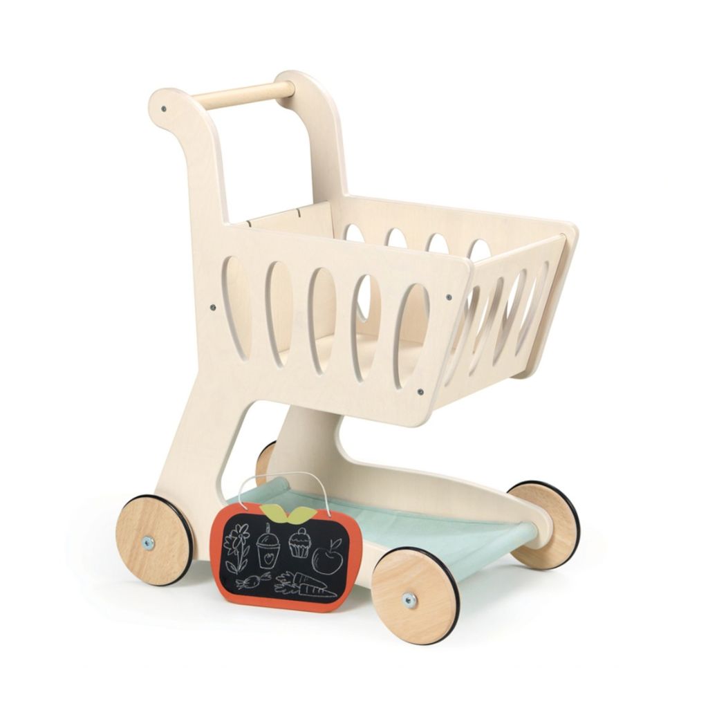 Tender Leaf Toys wooden shopping cart with fabric basket and push handle for pretend grocery shopping