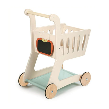 Tender Leaf Toys wooden shopping cart shown with grocery toys, a push-along trolley for ages 3+