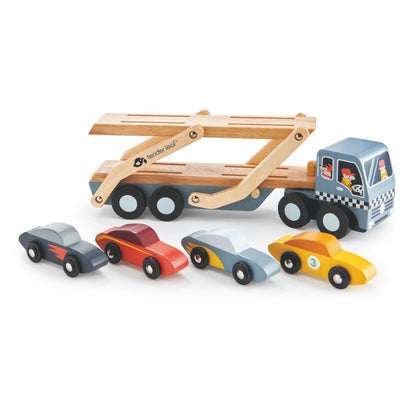 Tender Leaf Toys Wooden Car Transporter in its gift box, a rubberwood vehicle set for kids