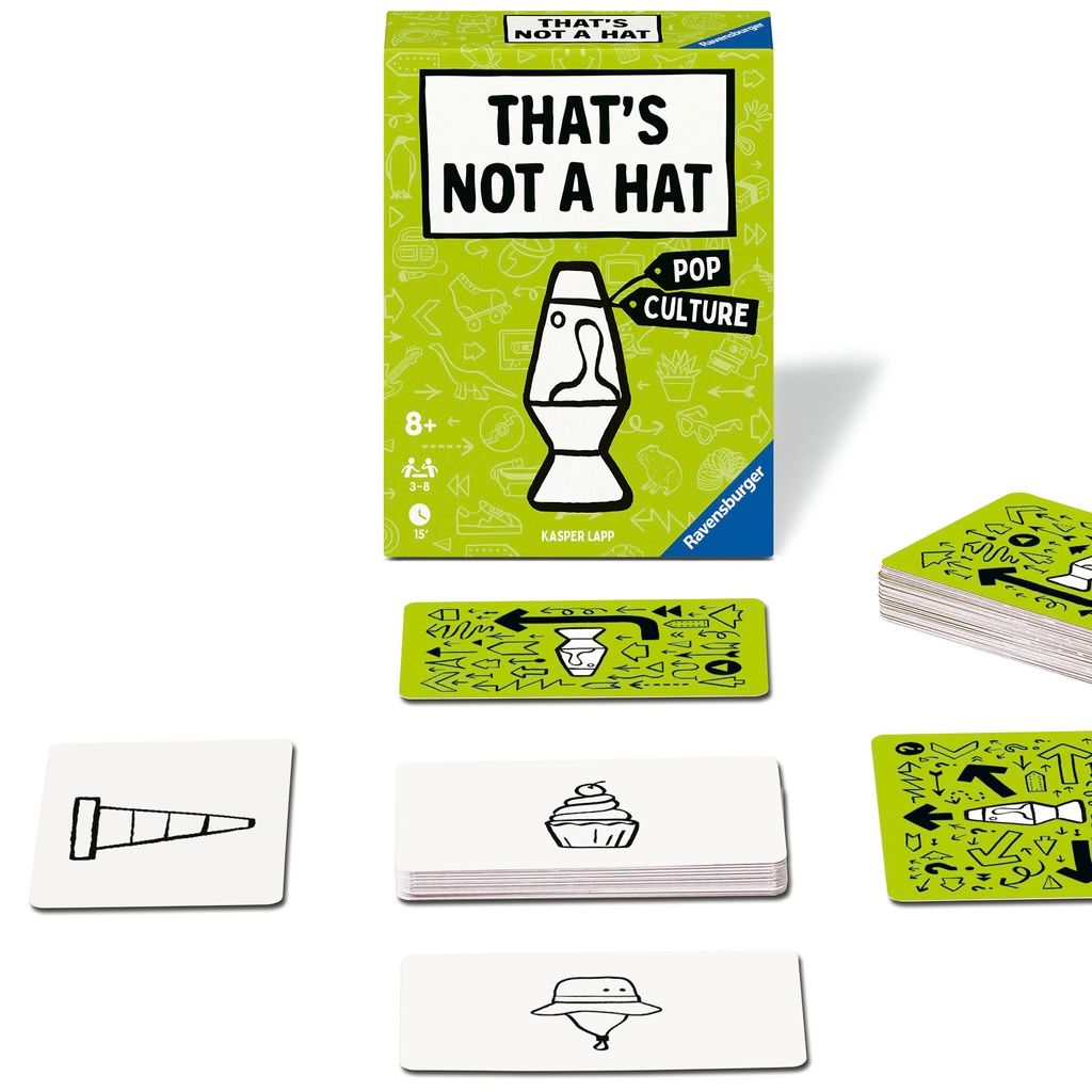 Friends laughing around a table while calling a bluff in Ravensburger's That's Not a Hat Pop Culture game