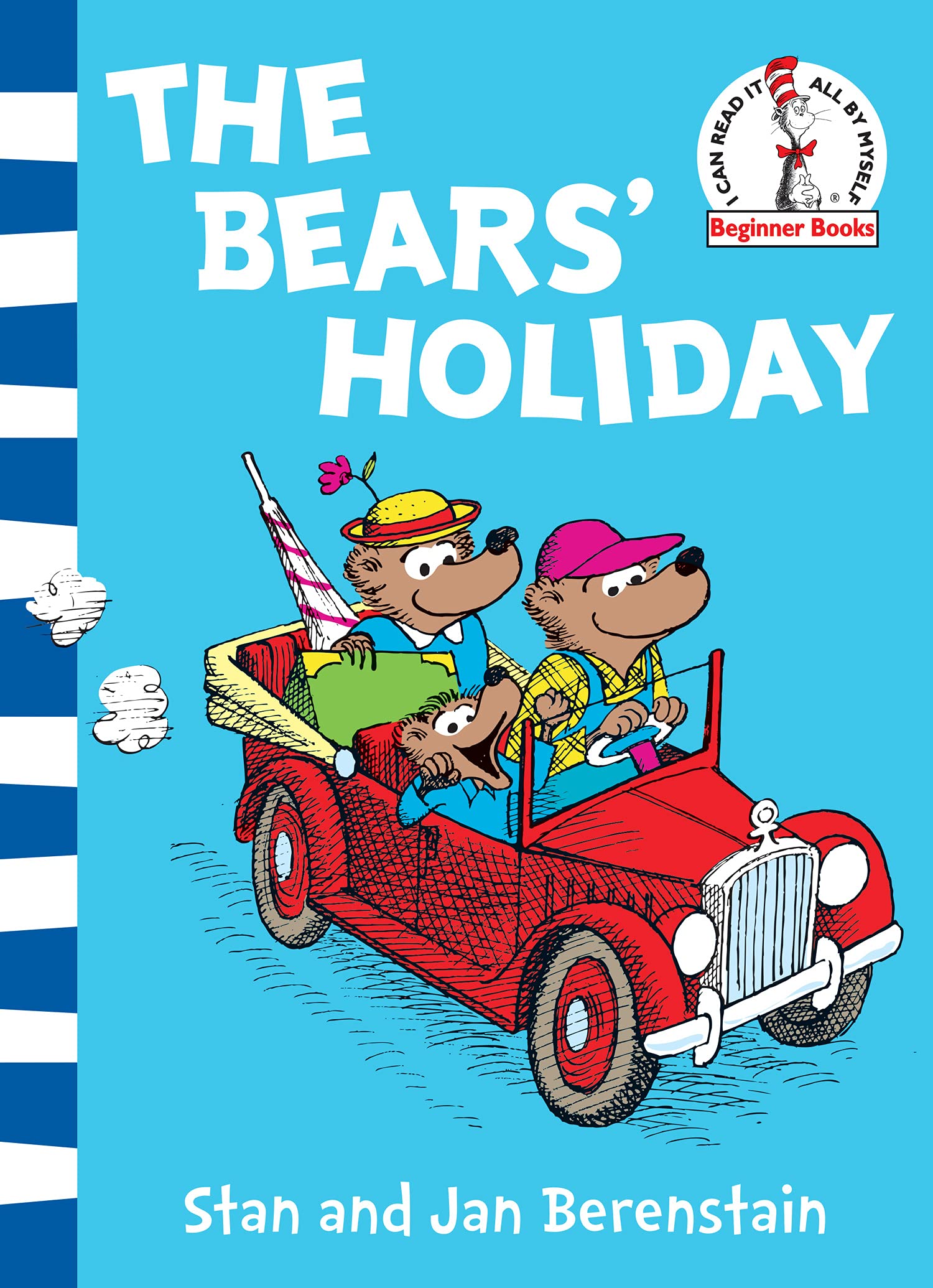 Book cover of The Bears' Holiday Berenstain Bears beginner reader children's book with cartoon bears in a car on a blue background.