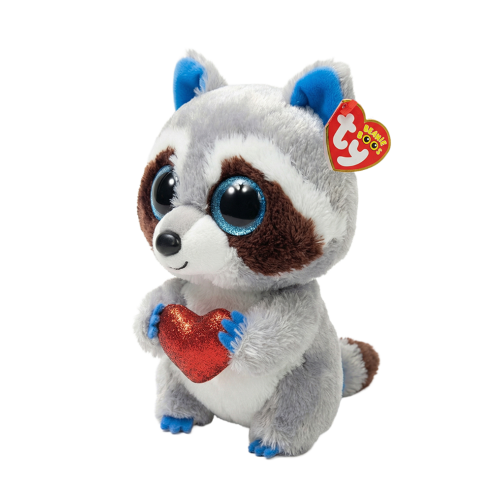 Thief the Raccoon Ty plush shown with the red Ty Heart swing tag attached, on a plain white background