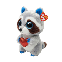Thief the Raccoon Ty plush shown with the red Ty Heart swing tag attached, on a plain white background
