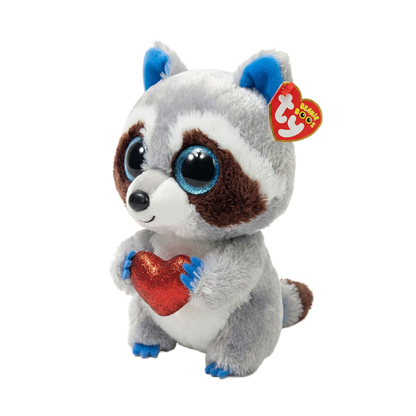 Thief the Raccoon Ty plush shown with the red Ty Heart swing tag attached, on a plain white background