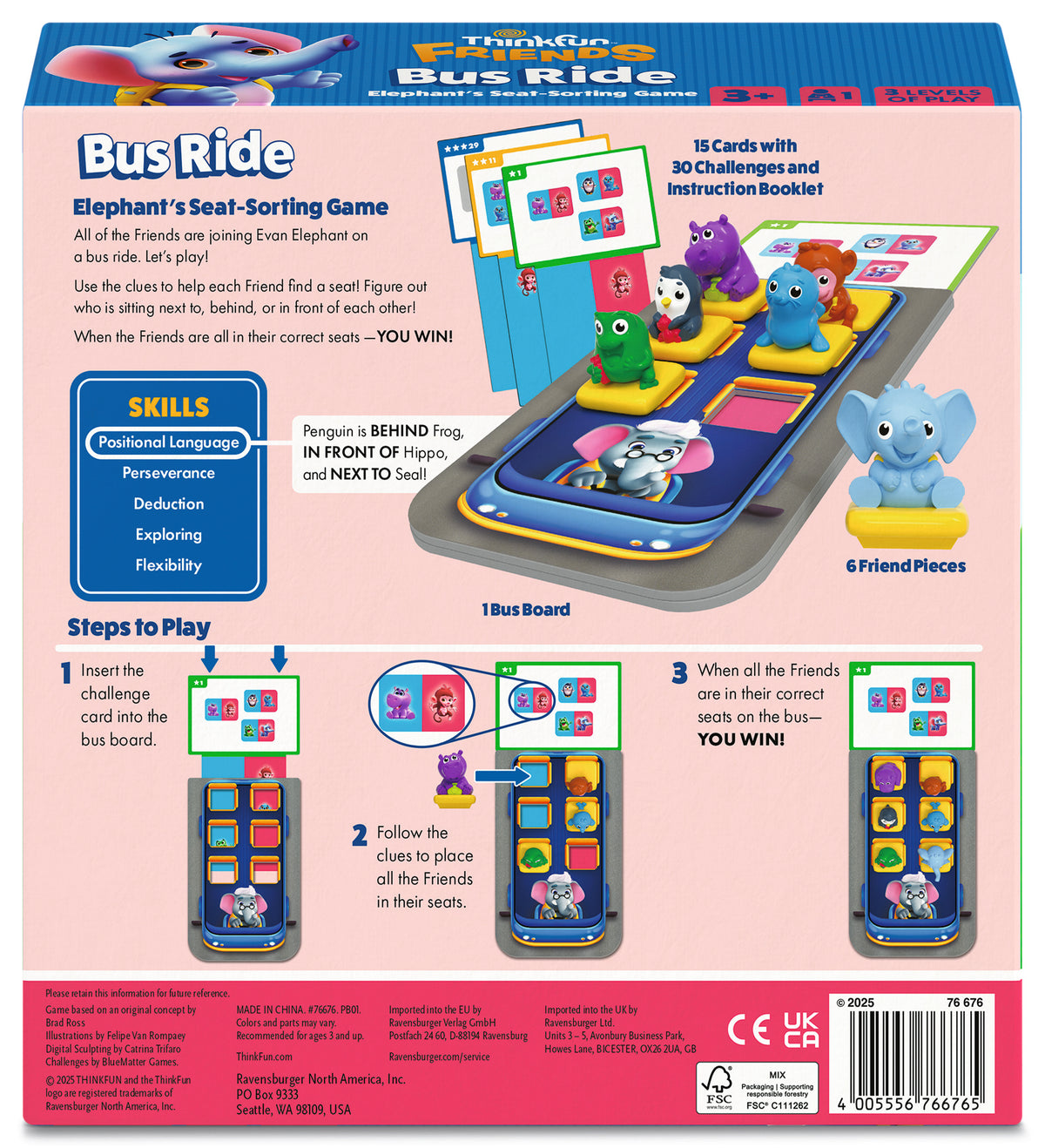 ThinkFun Friends Bus Ride 76676 preschool logic game with bus board, animal figures and 30 challenge cards