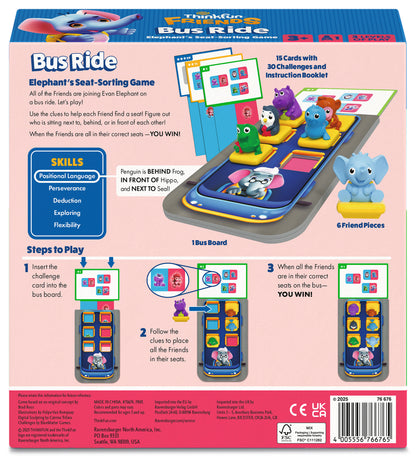 ThinkFun Friends Bus Ride 76676 preschool logic game with bus board, animal figures and 30 challenge cards