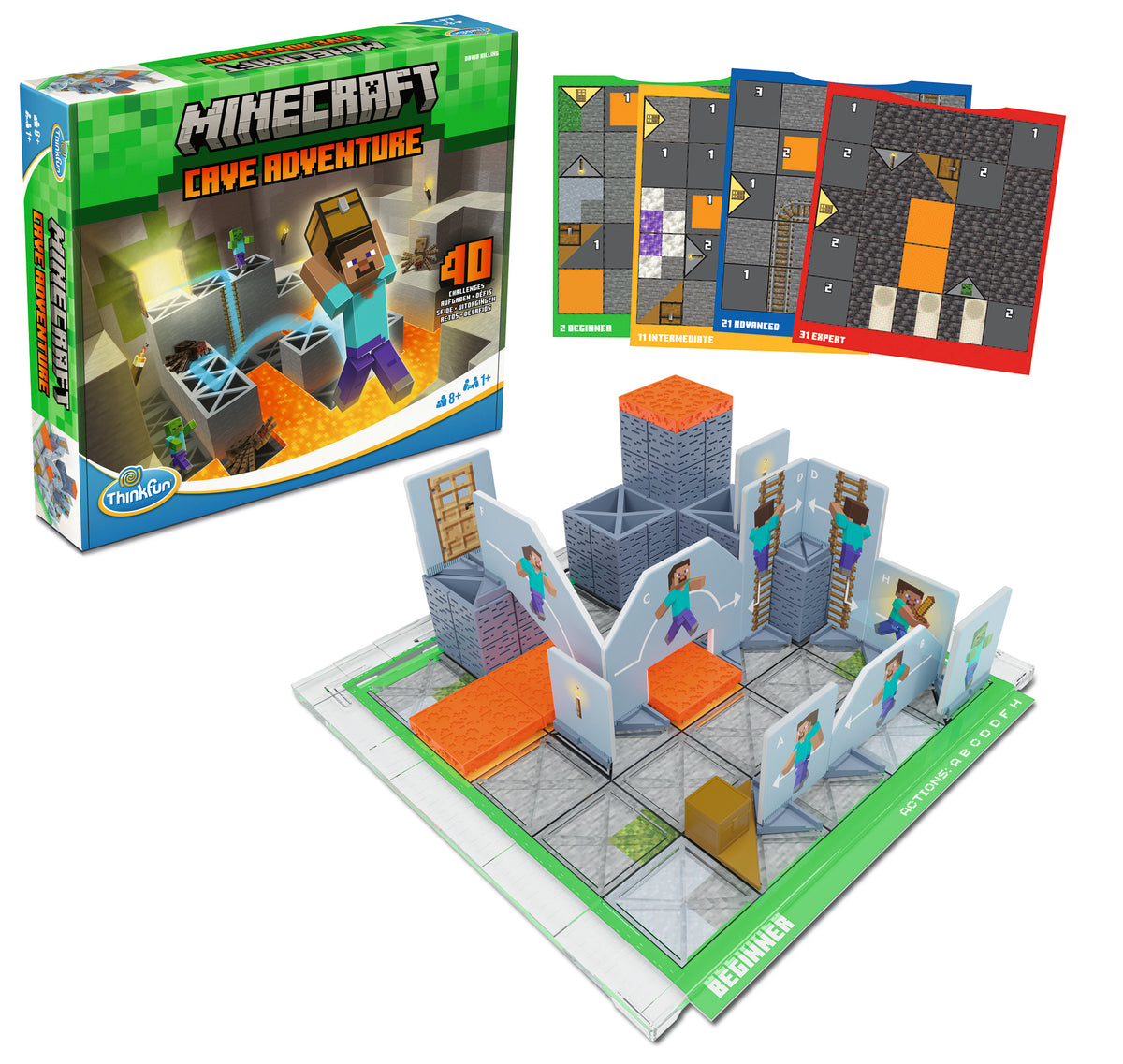 ThinkFun Minecraft Cave Adventure 76700 solo logic puzzle game with Minecraft cave, mobs, treasure chest and challenge cards