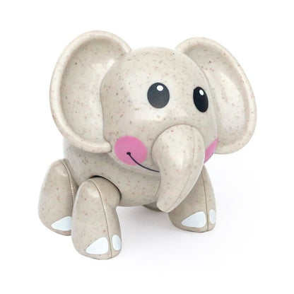 Cute grey speckled elephant toy figure with large ears, curved trunk, pink cheeks and movable legs, shown on a white background.